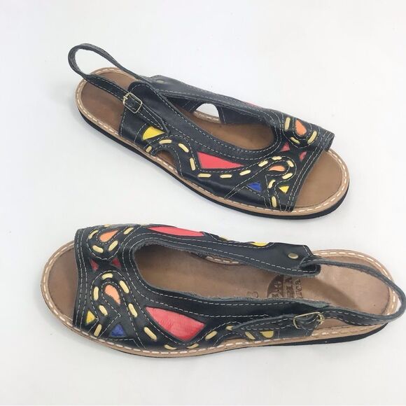 Maria Bonita Black Leather Colorful Stitch Inlay Slingback Open Toe Flat Sandals - Picture 2 of 16
